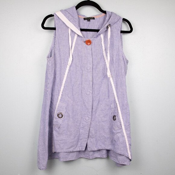 For Cynthia blue stripe linen/cotton blend hooded top-S - Picture 1 of 5